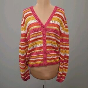 Hand Knit Pink White Yellow Grannycore Colorful Striped Cottagecore Cardigan